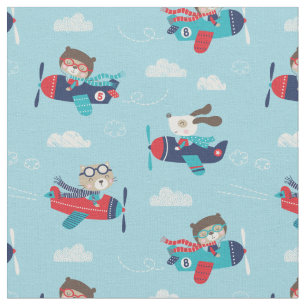 Cute Animals in Aeroplanes on light blue Fabric