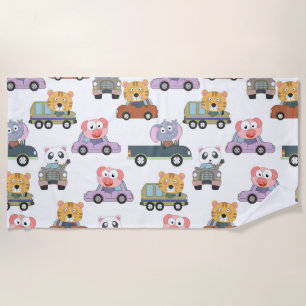 Cute Animals In Cars Pattern Beach Towel