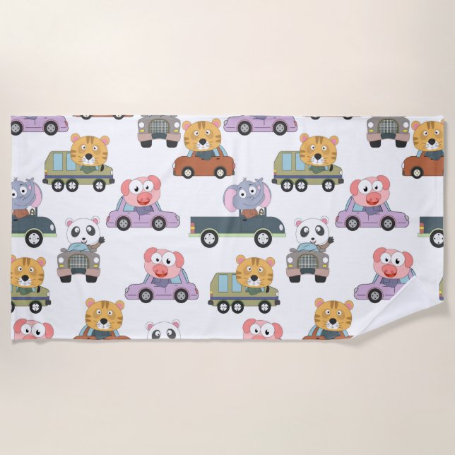 Cute Animals In Cars Pattern Beach Towel (Front)