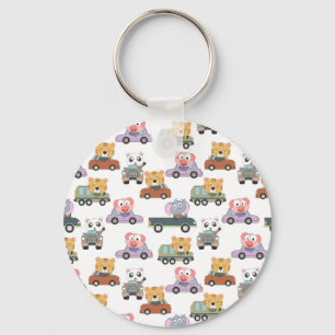 Cute Animals In Cars Pattern Key Ring
