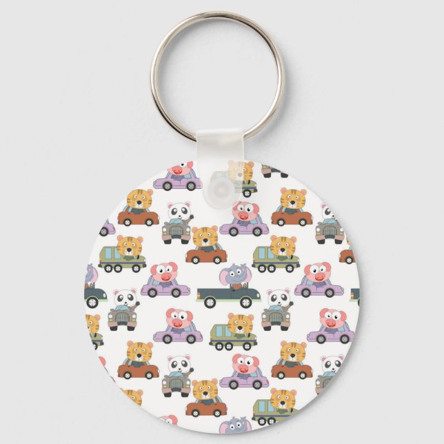 Cute Animals In Cars Pattern Key Ring (Front)