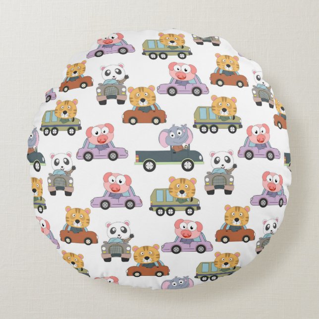 Cute Animals In Cars Pattern Round Cushion (Front)