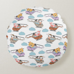 Cute Animals In Helicopter Pattern Round Cushion