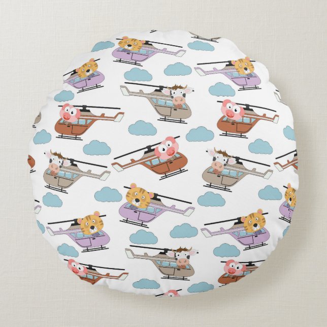 Cute Animals In Helicopter Pattern Round Cushion (Front)