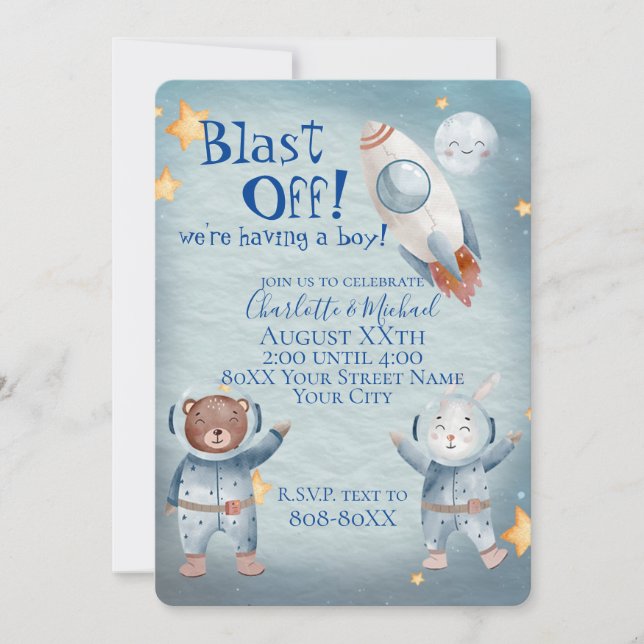 Cute Animals in Outer Space Baby Boy Theme Invitation (Front)