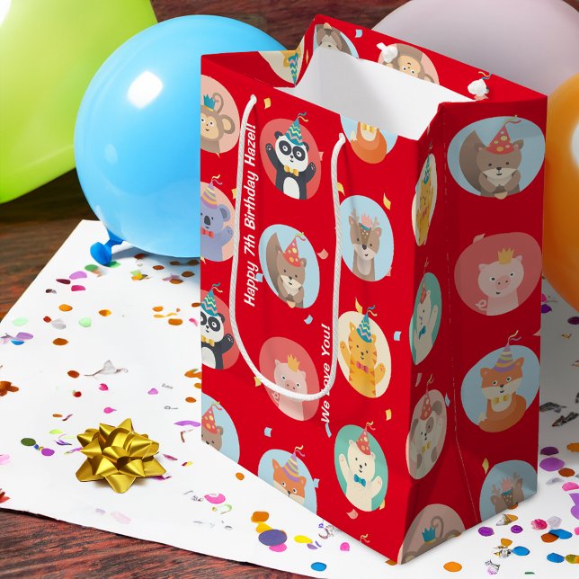 Cute Animals in Party Hats Kids Red Happy Birthday Medium Gift Bag (Creator Uploaded)