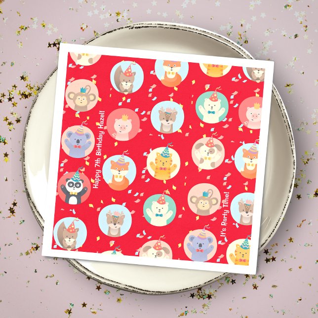 Cute Animals in Party Hats Kids Red Happy Birthday Napkin (Creator Uploaded)