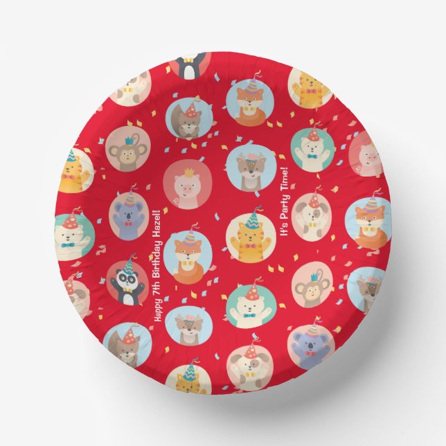 Cute Animals in Party Hats Kids Red Happy Birthday Paper Plate (Front)