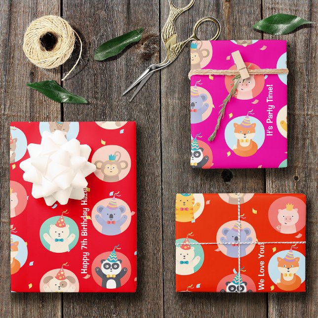 Cute Animals in Party Hats Kids Red Happy Birthday Wrapping Paper Sheet (Creator Uploaded)