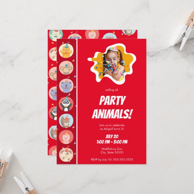 Cute Animals in Party Hats w/ Photo Happy Birthday Invitation (Front/Back In Situ)