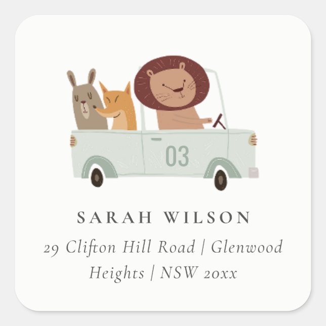 Cute Animals In the Car City Road Kids Address Square Sticker (Front)