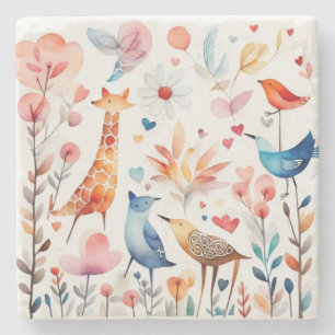 Cute animals in the garden stone coaster