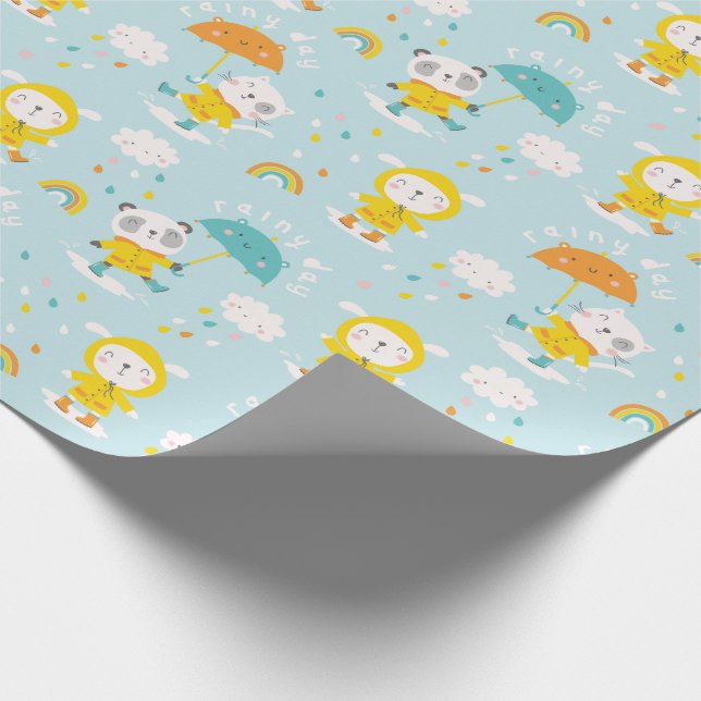 Cute Animals in the rain Wrapping Paper (Corner)