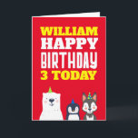 Cute Animals Kids Any Age Name Red Birthday Card<br><div class="desc">Fun birthday wishes for a little girl or boy with this brightly colored animal card with a cute polar bear, fox and penguin wearing party hats along the bottom, and large bold typography in white and yellow at the top. Happy Birthday is in a set white font, and you can...</div>