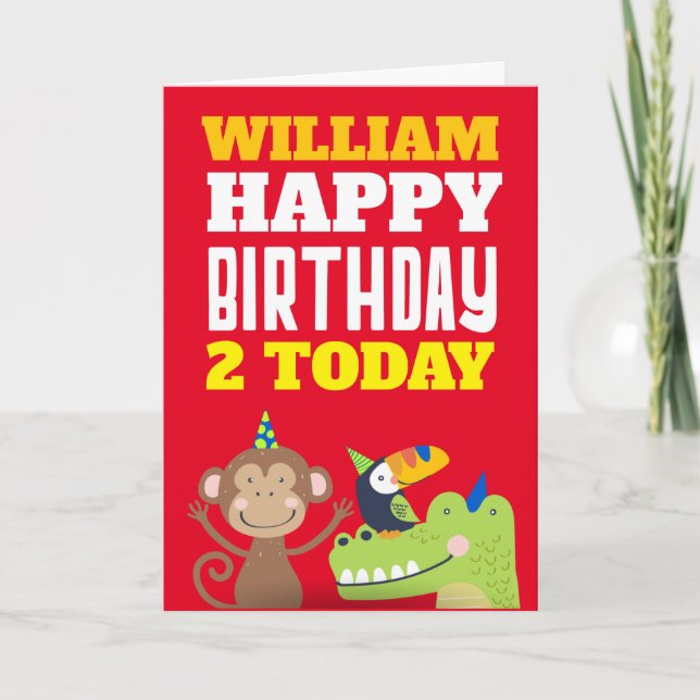 Cute Animals Kids Any Age Name Red Birthday Card (Front)