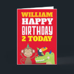 Cute Animals Kids Any Age Name Red Birthday Card<br><div class="desc">Colorful greetings for a young child of any age with this bright design with a cute monkey, toucan and crocodile wearing party hats along the bottom, and large bold typography in white and shades of yellow at the top. Happy Birthday is in a set white font, and you can easily...</div>