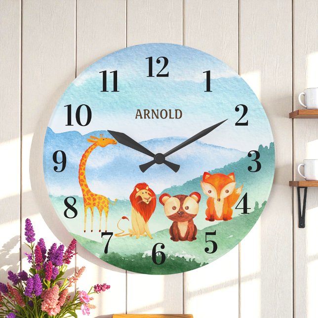 Cute Animals Kids Nursery Green Blue Forest Large Clock (Creator Uploaded)