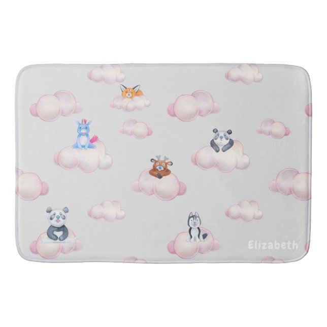 Cute Animals On Clouds Monogram Bath Mat (Front)
