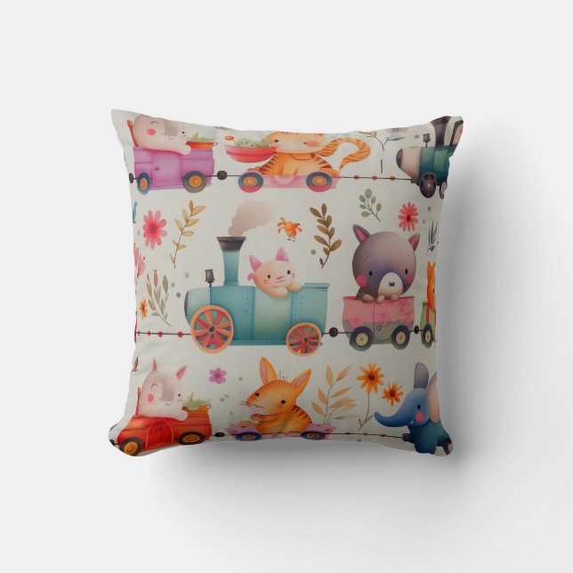 Cute Animals on the Train, Safari Cushion (Front)