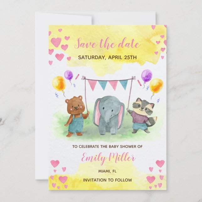 Cute animals pink yellow baby shower save the date (Front)