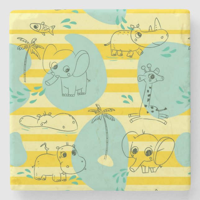 Cute animals playing with water 2 stone coaster (Front)