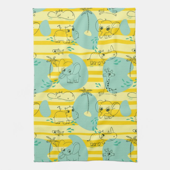 Cute animals playing with water 2 tea towel (Vertical)