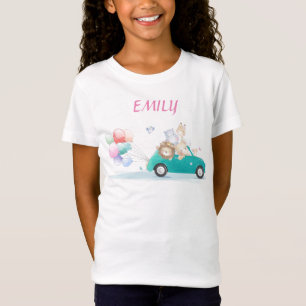Cute animals riding car and balloons girl t-shirt