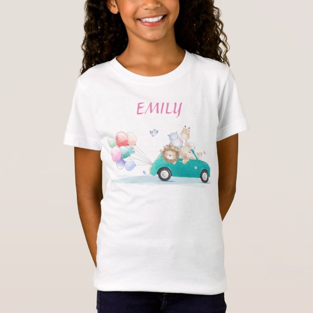 Cute animals riding car and balloons girl t-shirt (Front)