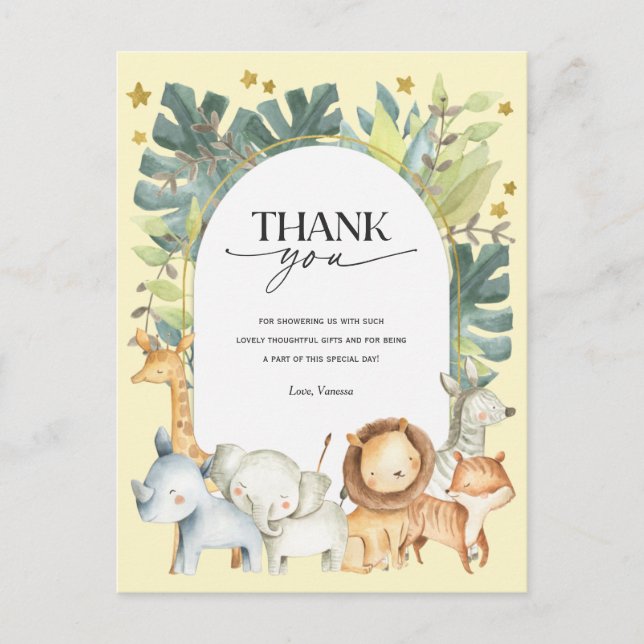 Cute animals Safari baby shower thank you postcard (Front)