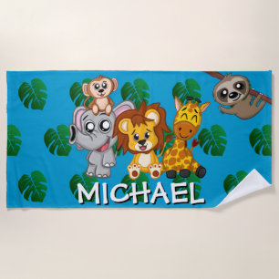 Cute Animals Safari Cartoon Jungle Name Blue Beach Towel
