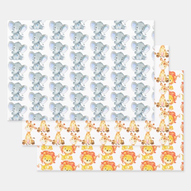 Cute Animals Safari Jungle Elephant Giraffe Lion Wrapping Paper Sheet (Set)