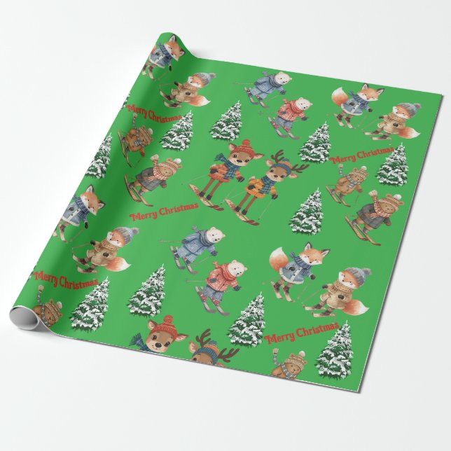 Cute Animals Skiing Wrapping Paper (Unrolled)