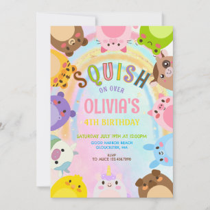 Cute Animals Squish On Over rainbow  Birthday  Invitation