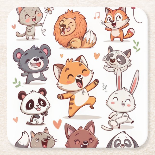  Cute Animals Sticker Sheet Adorable CSticker Square Paper Coaster (Front)