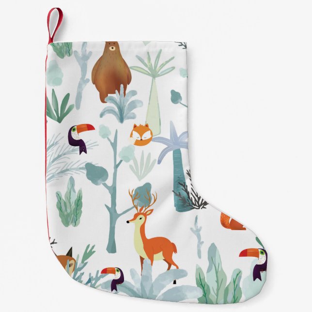 Cute animals: tropical forest doodle. small christmas stocking (Front)