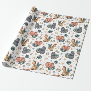 Cute Animals Tropical Leaves Baby Shower Wrapping Paper