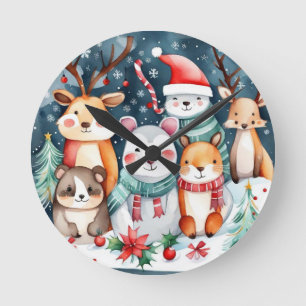 Cute animals under the Christmas tree design Round Clock