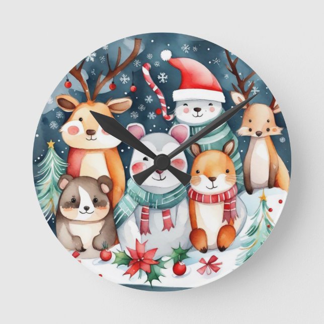 Cute animals under the Christmas tree design Round Clock (Front)