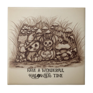 Cute Animals waiting for Halloween Tile