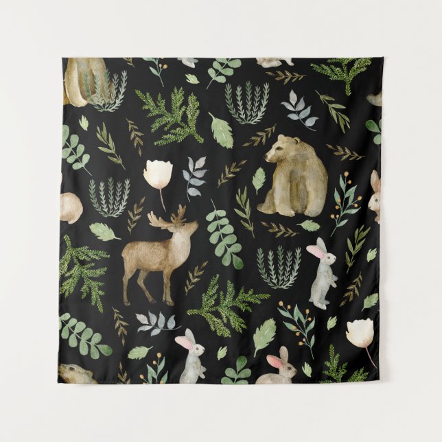 Cute Animals: Watercolor Hand Drawn. Tapestry (Front)
