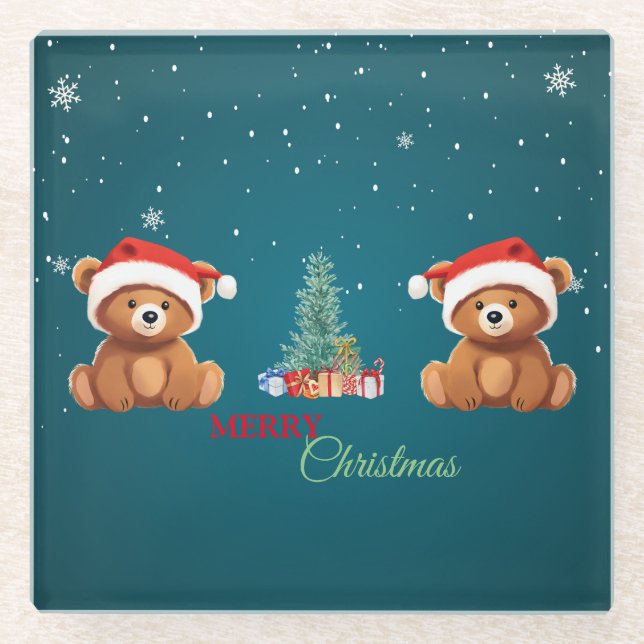 Cute animals winter Bear Santa Christmas tree Glass Coaster (Front)