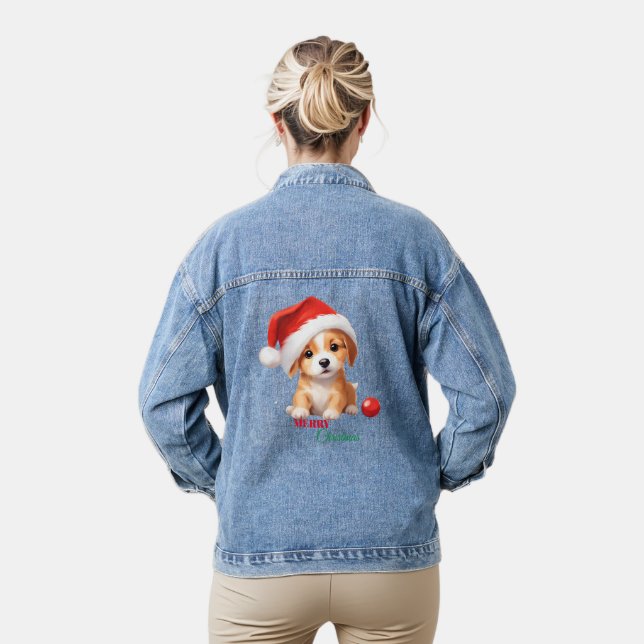 Cute animals winter puppy Dog Santa Christmas  Denim Jacket (Model)