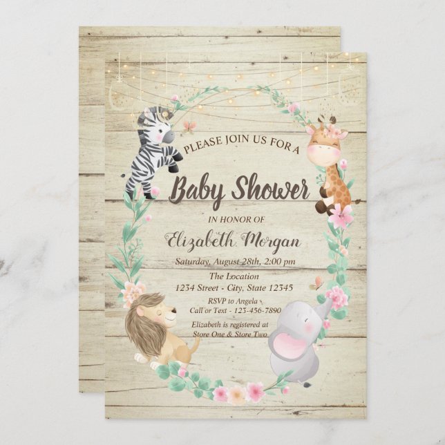 Cute Animals Wood Texture Baby Shower Invitation (Front/Back)