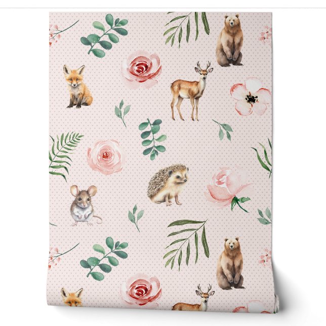 Cute animals woodland pink wallpaper (Unrolling)