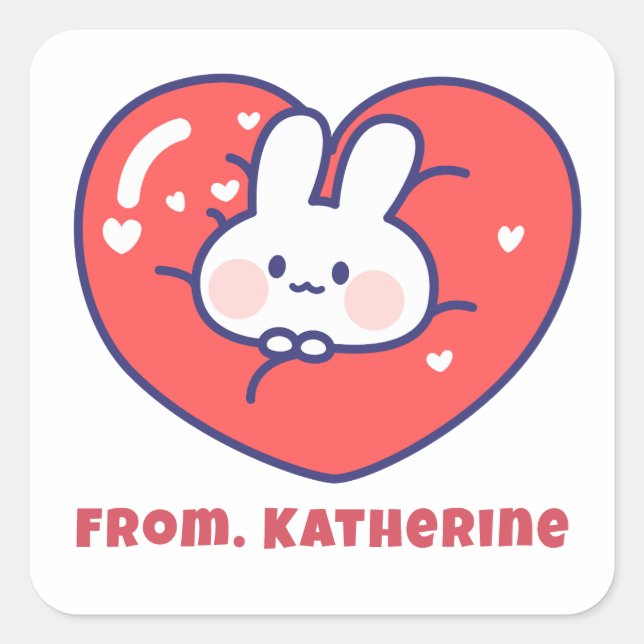 Cute animate heart bunny square sticker (Front)