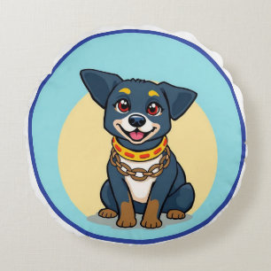 Cute Animated Dog with Collar Round Cushion