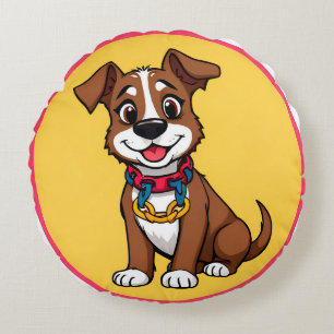 Cute Animated Dog with Collar Round Cushion
