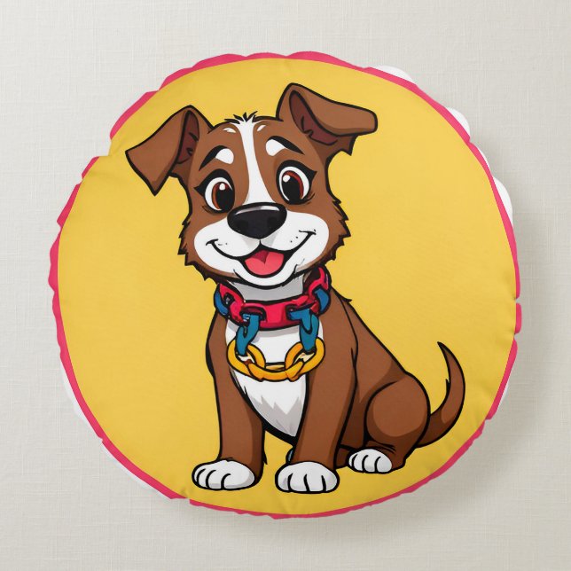 Cute Animated Dog with Collar Round Cushion (Front)