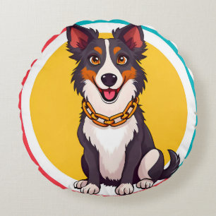Cute Animated Dog with Collar Round Cushion