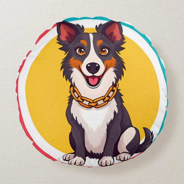 Cute Animated Dog with Collar Round Cushion (Front)